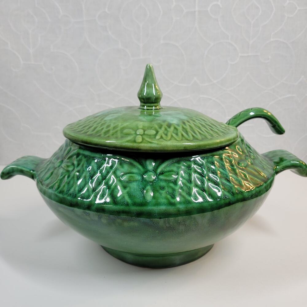 Marcia Of California Pottery Soup Tureen Green MCM Serving Bowl Ladle Lid USA